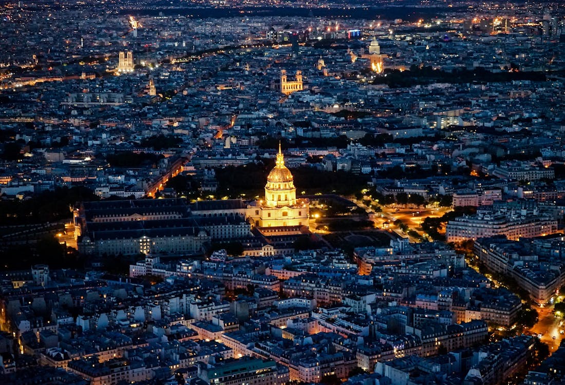 eiffel tower night aerial view