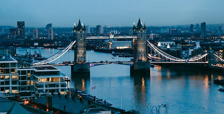 Tower Bridge over the River Thames at dusk, view from Westminster to Greenwich, London.