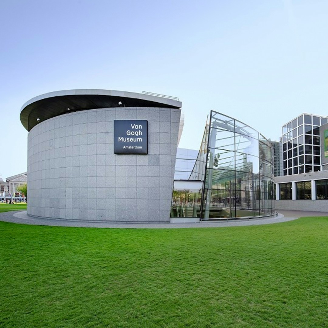 Van Gogh Museum entrance in Amsterdam with modern architecture.