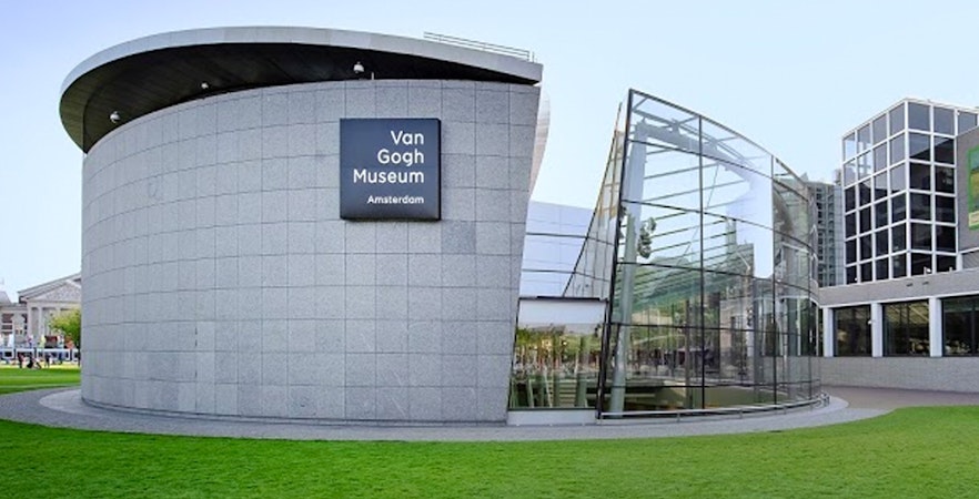 Van Gogh Museum entrance in Amsterdam with modern architecture.
