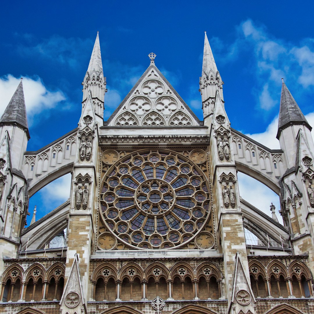 Westminster Abbey facade with rose window, London.