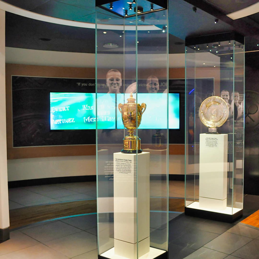 Trophies displayed in a glass case at the Churchill War Rooms, London.
