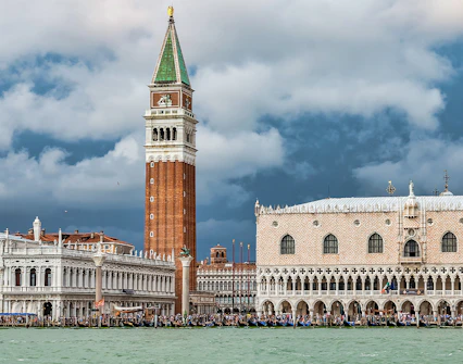 Doge's Palace and St. Mark's Campanile in Venice, view from the water.