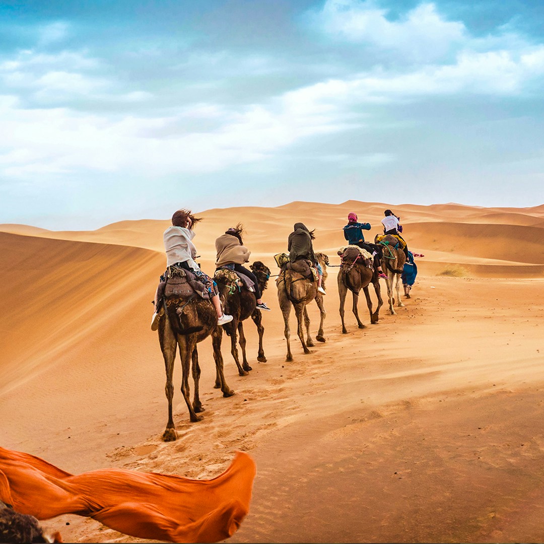 Camel caravan trekking through desert dunes at sunset.